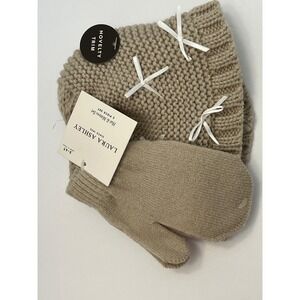 NWT‎ Laura Ashley Kids Hat and Mitten Set Novelty Trim Beige Knit 2-4T